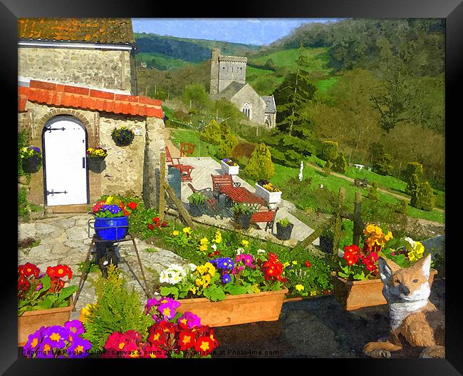 Garden view to Branscombe church Framed Print by Paula Palmer canvas