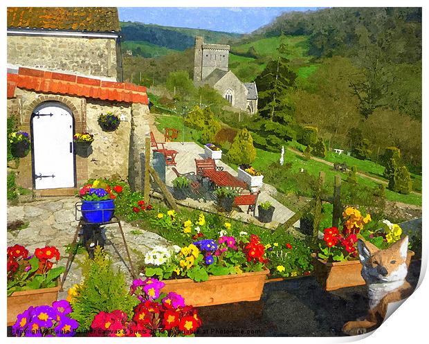 Garden view to Branscombe church Print by Paula Palmer canvas