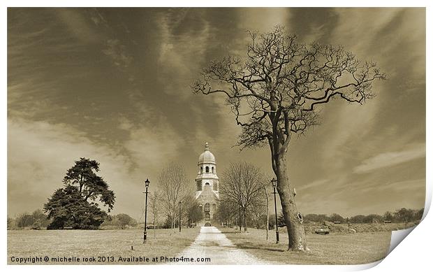 Spooky tree and old chapel Print by michelle rook