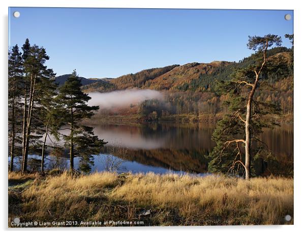 Low mist and reflections. Thirlmere Reservoir. Acrylic by Liam Grant