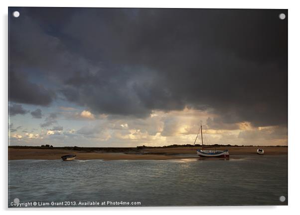 Storm over boats, Burnham Overy Staithe. Acrylic by Liam Grant