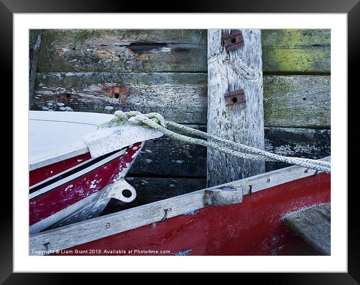 Detail of boats and seawall. Burnham Overy Staithe Framed Mounted Print by Liam Grant