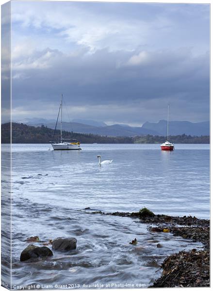 Boats on Lake Windermere with Langdale Pikes beyon Canvas Print by Liam Grant