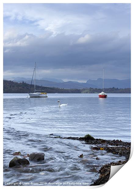 Boats on Lake Windermere with Langdale Pikes beyon Print by Liam Grant