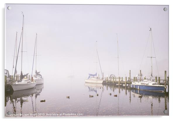 Boats in fog on Lake Windermere. Acrylic by Liam Grant