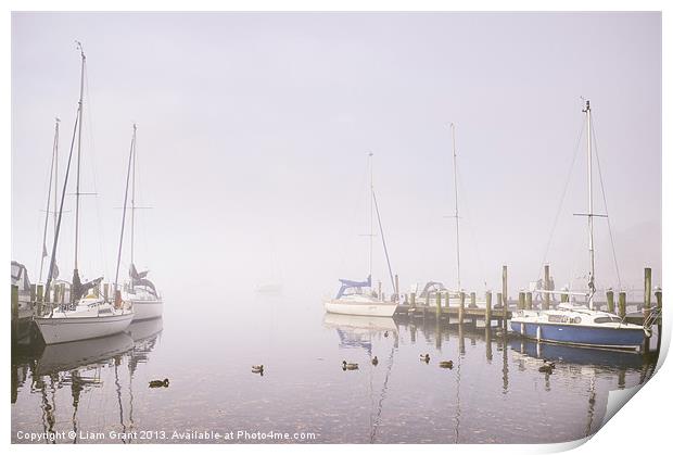 Boats in fog on Lake Windermere. Print by Liam Grant
