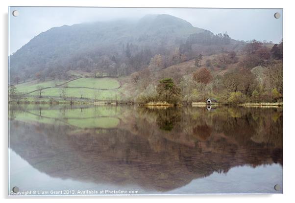 Boathouse reflection on Rydal Water. Acrylic by Liam Grant