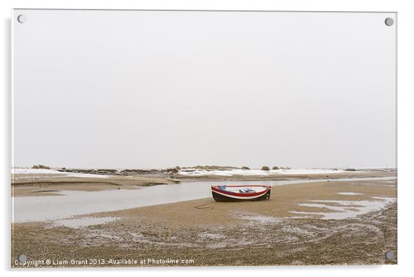 Boat and snow. Burnham Overy Staithe. Acrylic by Liam Grant