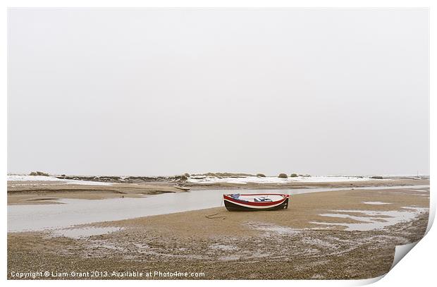 Boat and snow. Burnham Overy Staithe. Print by Liam Grant