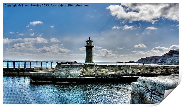 The East Light on Whitby Harbour. Print by Trevor Kersley RIP