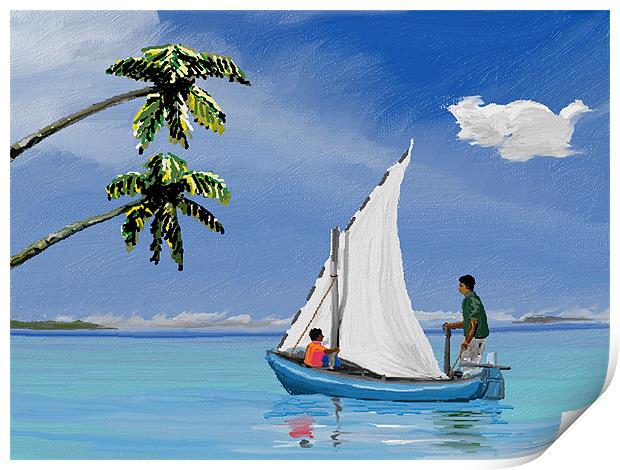 Boat in calm waters Print by Hassan Najmy