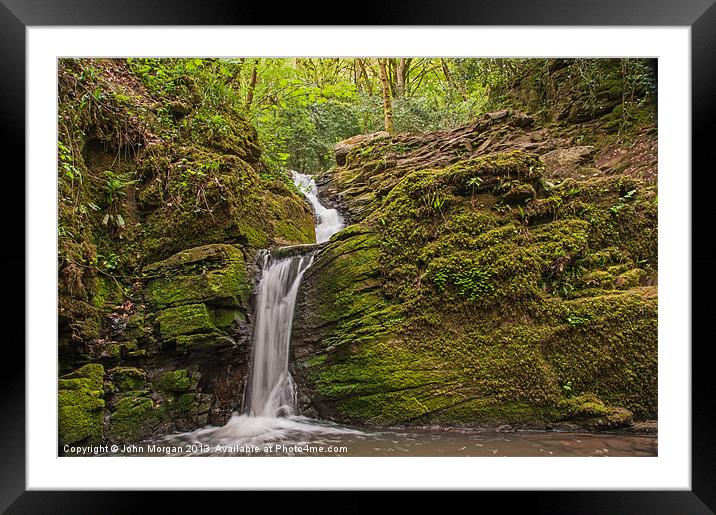 Woodland waterfall. Framed Mounted Print by John Morgan