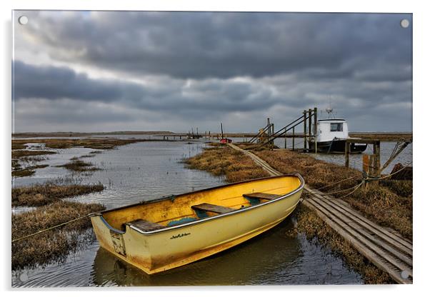 Yellow rowing boat Thornham quay Acrylic by Gary Pearson