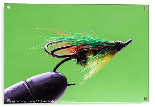 Salmon fly in vice Acrylic by Craig Lapsley