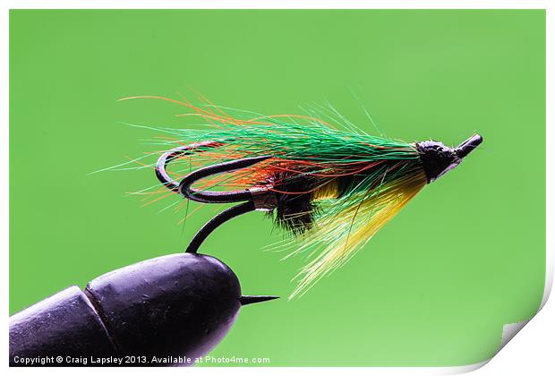 Salmon fly in vice Print by Craig Lapsley
