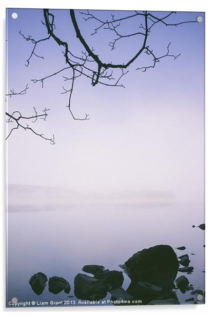 Dawn mist and reflections. Windermere. Acrylic by Liam Grant