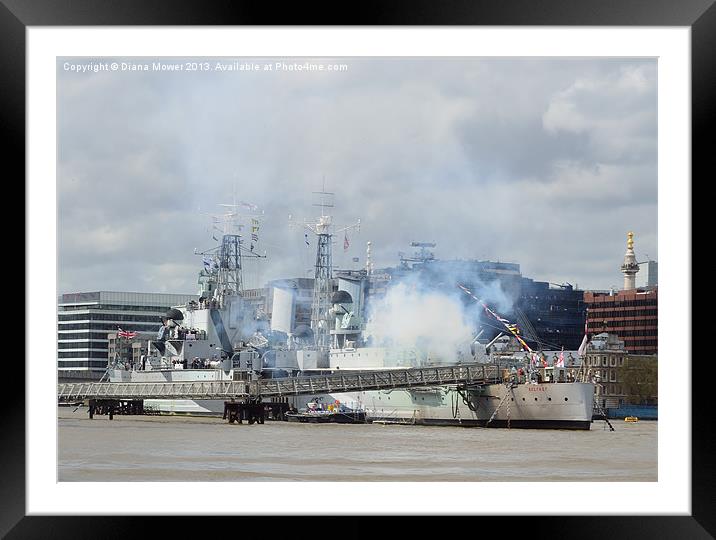 HMS Belfast Firing Gun Salute Thames London Framed Mounted Print by Diana Mower