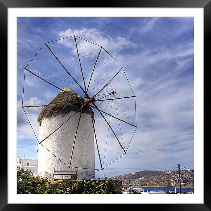 Thatched Windmill on Mykonos Framed Mounted Print by Tom Gomez
