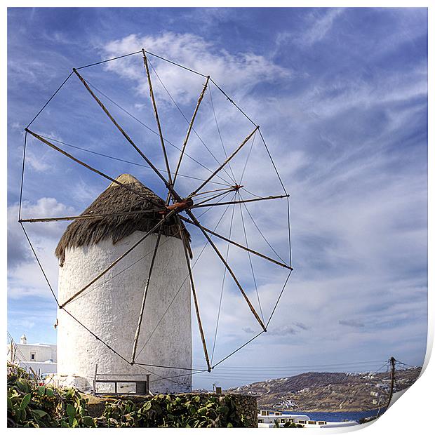 Thatched Windmill on Mykonos Print by Tom Gomez