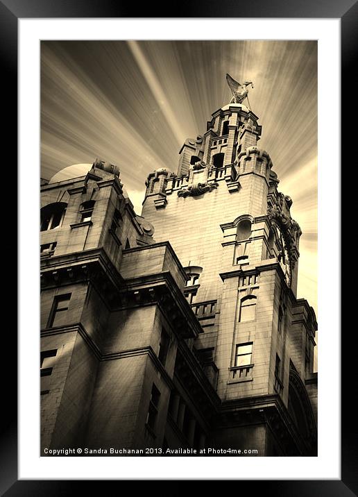 Liverpool Royal Liver Building in Sepia Framed Mounted Print by Sandra Buchanan