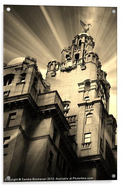 Liverpool Royal Liver Building in Sepia Acrylic by Sandra Buchanan