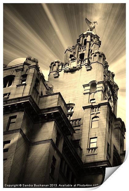 Liverpool Royal Liver Building in Sepia Print by Sandra Buchanan