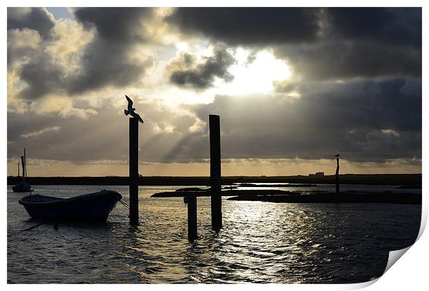 Brancaster Staithe God ray silhouette Print by Gary Pearson