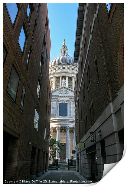 St Pauls Cathedral through an alley Print by Diane Griffiths