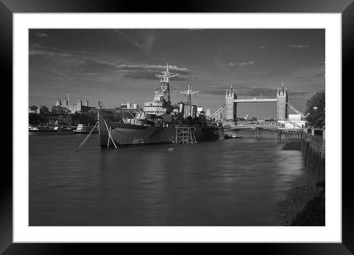 Tower Bridge Thames London HMS Belfast Framed Mounted Print by David French
