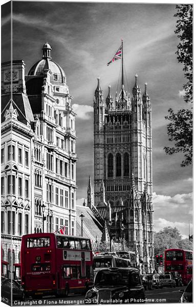 Red London Buses and Westminster Cathedral Canvas Print by Fiona Messenger