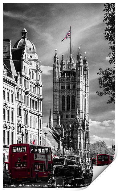 Red London Buses and Westminster Cathedral Print by Fiona Messenger