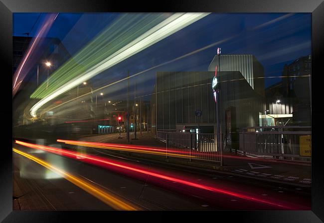 Tram Light Trails Framed Print by Tracey Whitefoot