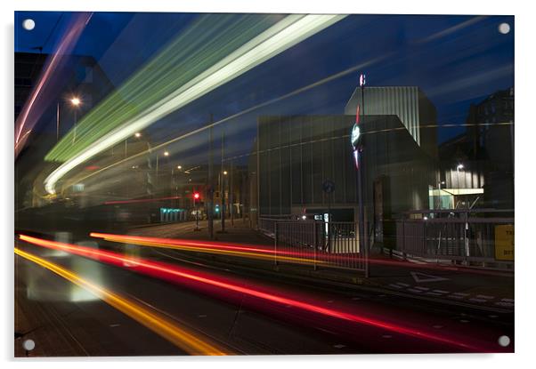 Tram Light Trails Acrylic by Tracey Whitefoot