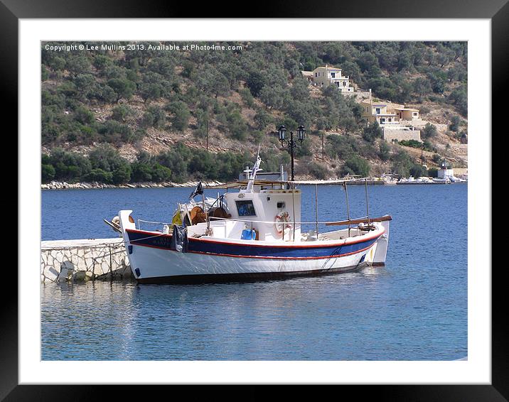 Greek fishing boat Framed Mounted Print by Lee Mullins
