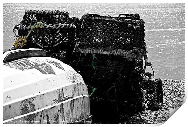 lobster pots on the shore Print by steve akerman