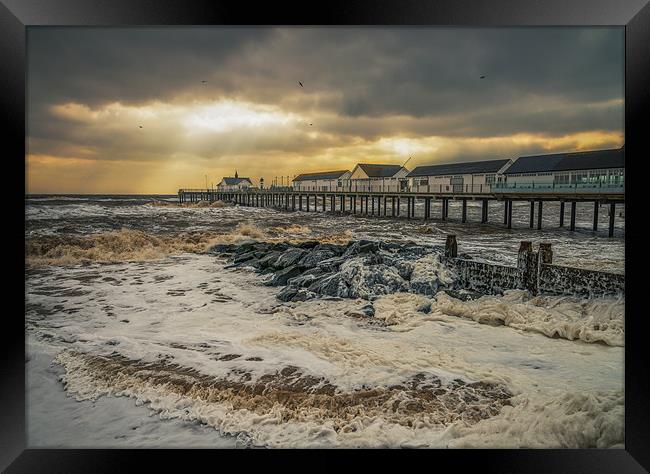 Southwold Pier riding the storm Framed Print by steve docwra