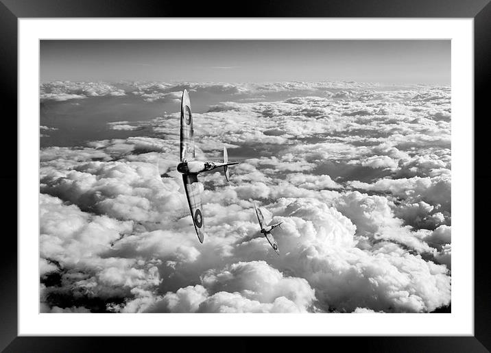 Spitfires turning in black and white version Framed Mounted Print by Gary Eason