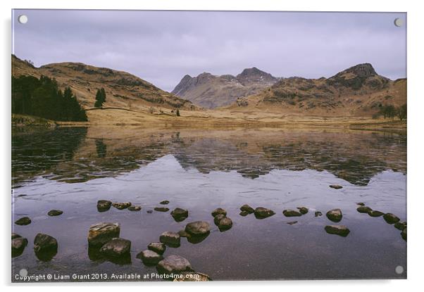 Frozen Blea Tarn and Langdale Pikes. Lake District Acrylic by Liam Grant