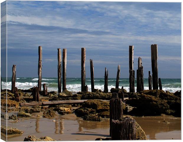 crumbling pier at low tide Canvas Print by David Worthington