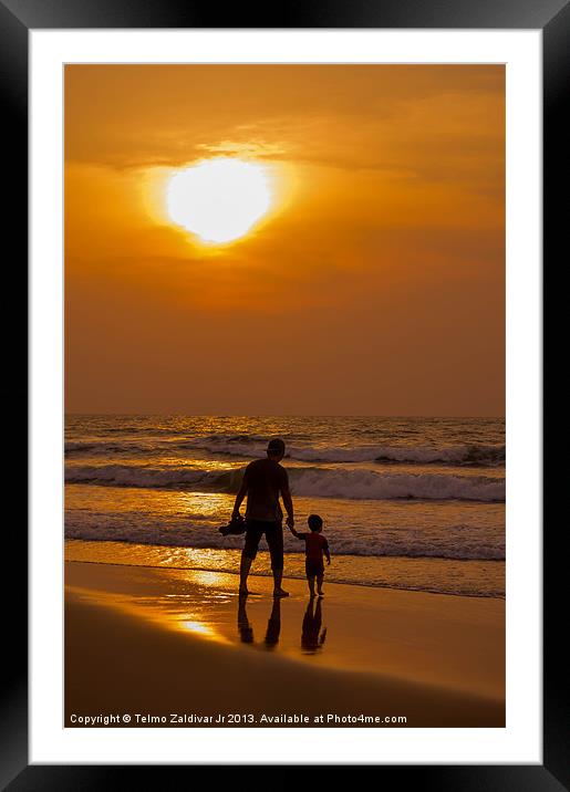 Father and son walking at the beach on Fathers Day Framed Mounted Print by Telmo Zaldivar Jr