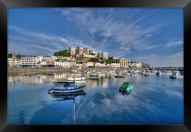 Cloud reflections at Torquay Harbour Framed Print by Rosie Spooner