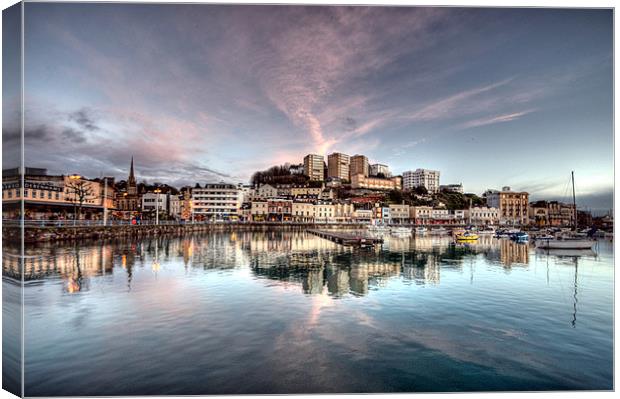 Pink Clouds over Torquay Harbour Canvas Print by Rosie Spooner