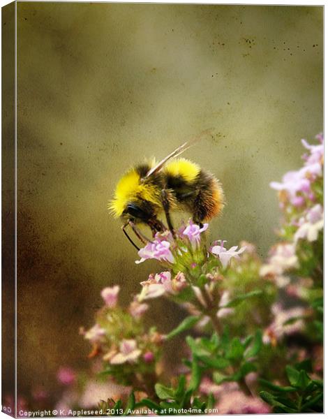 Bee on Thyme flowers Vintage Finish Canvas Print by K. Appleseed.