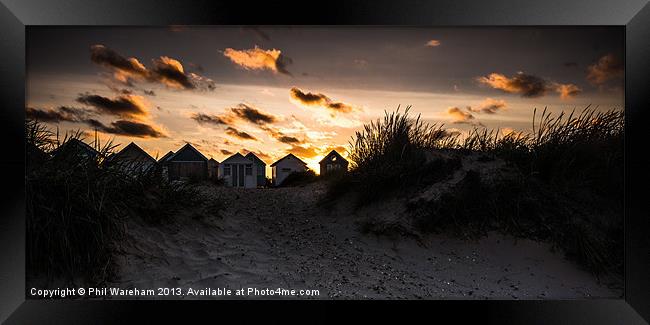 Beach Huts and Sunset Framed Print by Phil Wareham