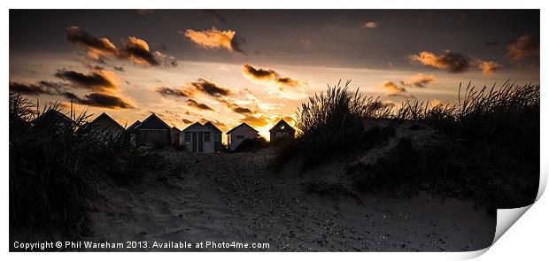 Beach Huts and Sunset Print by Phil Wareham