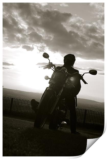 biker at sun set Print by tom crockford