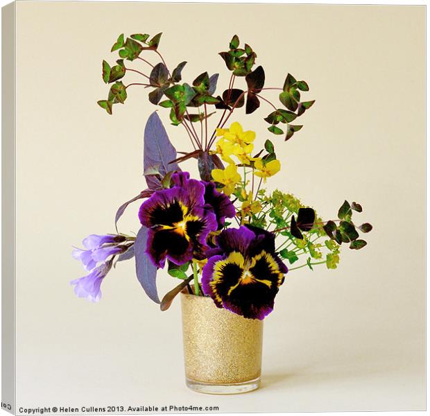 PANSIES IN A GOLD VASE Canvas Print by Helen Cullens