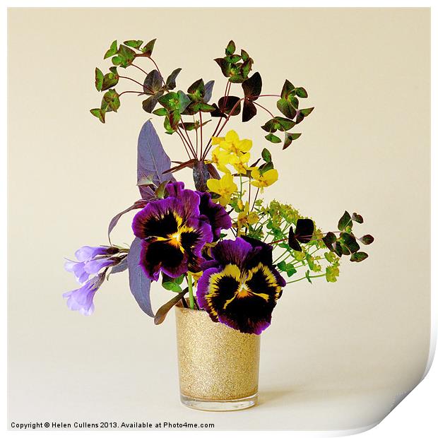 PANSIES IN A GOLD VASE Print by Helen Cullens