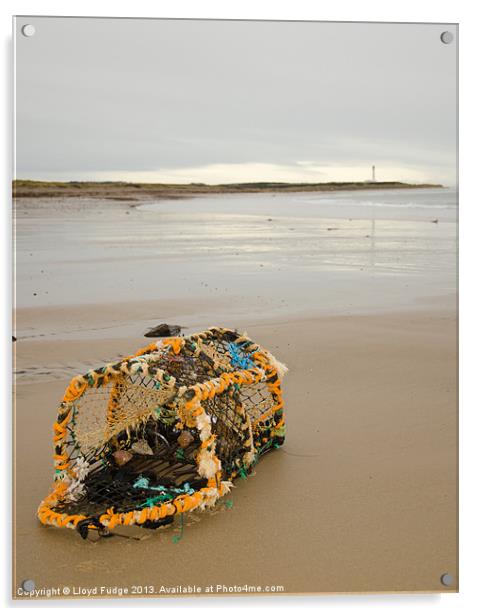 lobster pot laying on beach Acrylic by Lloyd Fudge