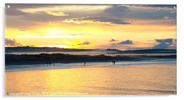 lossiemouth golf course covered in fog at sunset Acrylic by Lloyd Fudge